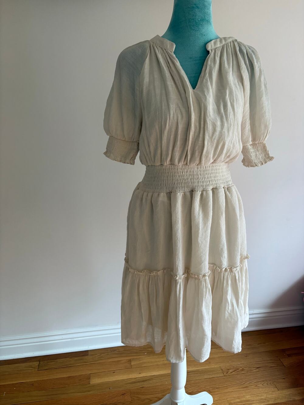 Cream Smocked Tiered Dress Cotton Blend Boho Coastal Grandma waist cinch
